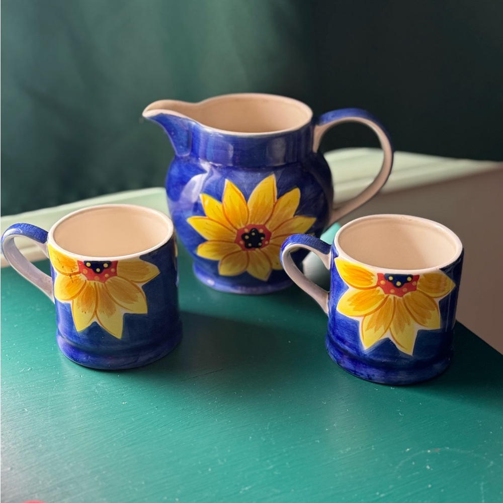 Whittard of Chelsea Blue and Yellow Floral Ceramic Pitcher and Mug Set